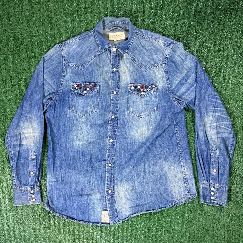 Denim & Supply Ralph Lauren Studded Denim Western Shirt Size Large Blue